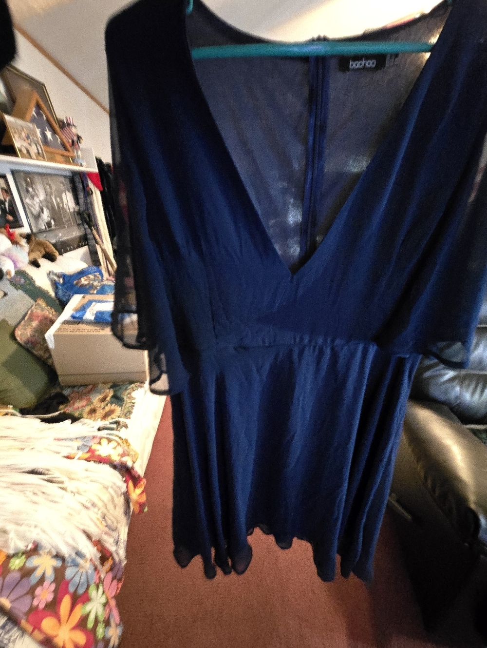 Boohoo Navy Deep V Chiffon Overlay Dress